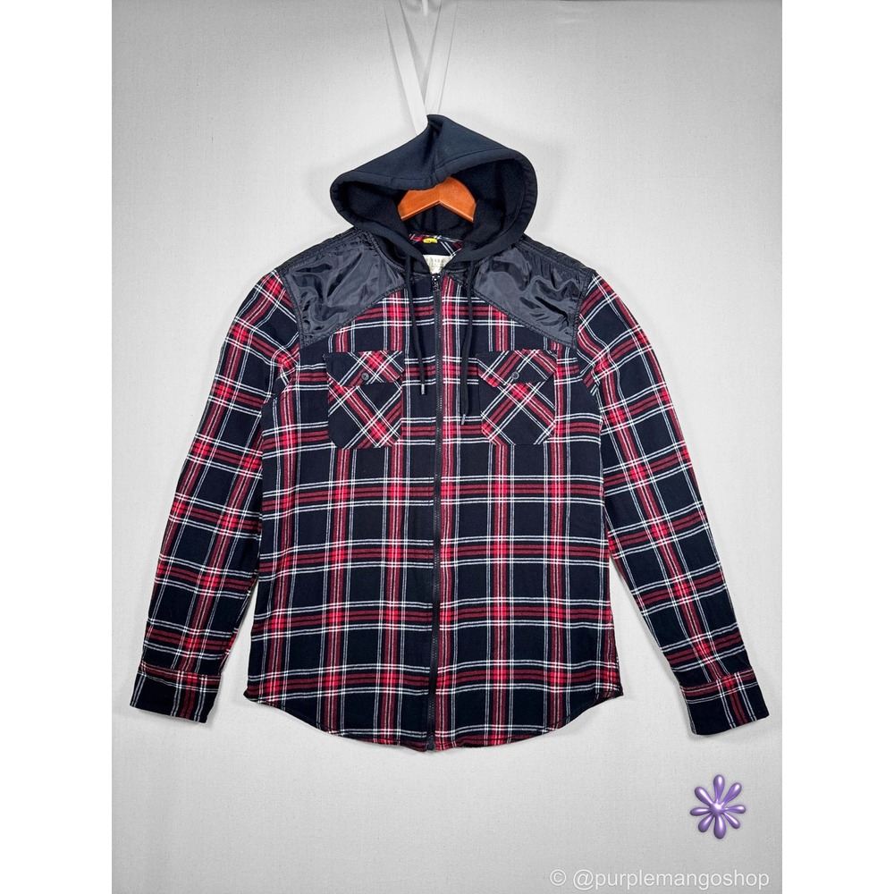 RAW YARN Hooded Flannel Shirt Jacket Mens L Red Black Plaid Zip Up NWOT